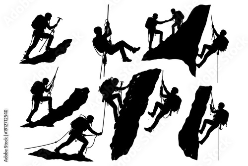 Silhouettes of climbers rappelling and scaling rocks.