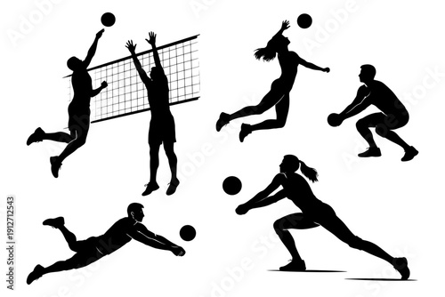Silhouettes of male and female volleyball players in action.