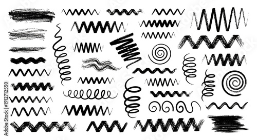 hand-drawn zigzag spiral and textured brush stroke patterns a versatile grunge graphic resource on white for artistic design.