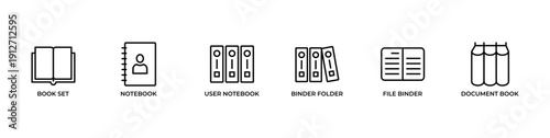 Book reading and documentation banner design with clean line icons featuring book set, notebook, user notebook, binder folder, file binder, and document book. Minimal black and white style suitable 