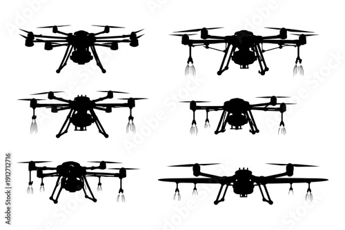 Collection of six multirotor drone silhouettes in various configurations.