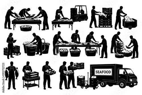 Silhouettes of workers handling seafood with equipment.