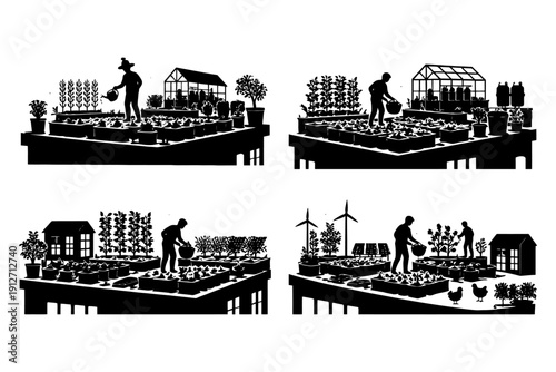 Silhouette rooftop gardening: sustainable urban farming with greenhouses and wind turbines.