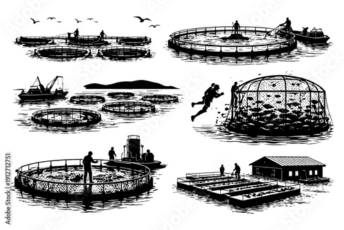 Aquaculture scenes: fish farming nets and equipment in silhouette illustrations.