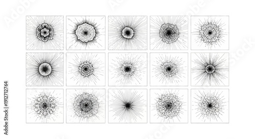 intricate black and white radial patterns depicting starbursts bullet holes and shattered glass perfect graphic assets.