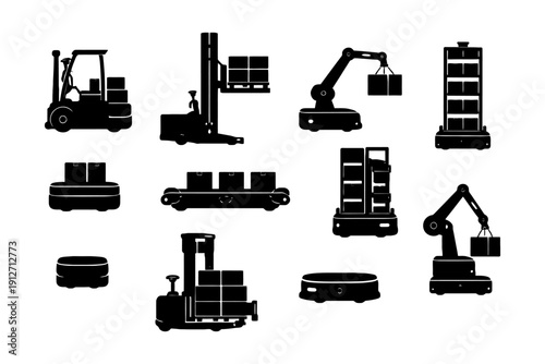 Silhouettes of industrial robotics and automated machinery.