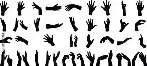 Large collection of human hand silhouettes in various gestures and poses for sign language communication and creative graphic design elements