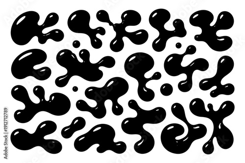 Abstract black liquid splatter pattern on white background.