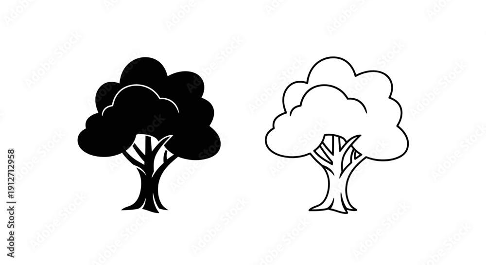 Obraz premium Two black and white tree illustrations, vector art, simple design, minimalist style Vector