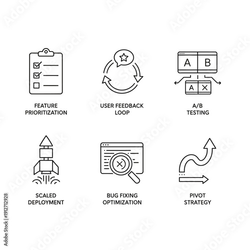 line icons for business and project management illustrating agile development feature prioritization ab testing and pivot strategies.