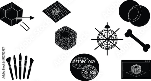 3D Modeling and Retopology Workflow Icons Vector