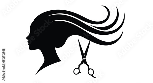 Stylish woman's silhouette with flowing hair and scissors