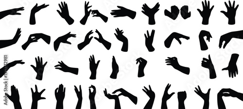 Mega collection of human hand silhouettes in various poses gestures and sign language positions for creative graphic design and communication