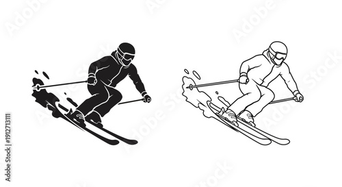 Dynamic skiing action, skier racing downhill, winter sports illustration, high-quality vector art Vector