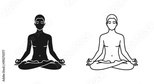 Meditation illustration: person in yoga pose with face mask, black and white Vector