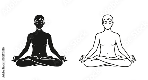 Two people meditating in yoga poses, black and white line art illustration Vector