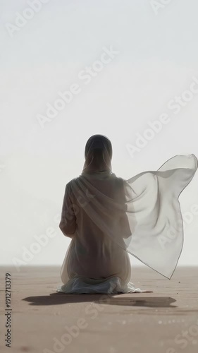 A Muslim woman wearing a flowing white hijab sits and prays in the middle of a desert landscape.