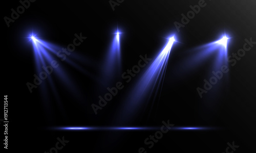 Blue glowing stage spotlights on black background, realistic light beams with dramatic smoke rays and flare effect.
