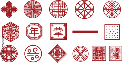 Set of red Asian decorative symbols vector geometric patterns traditional cultural ornaments collection isolated