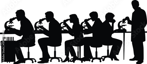 Silhouette of diverse scientists and students using microscopes in a laboratory setting for medical research, education, and scientific discovery