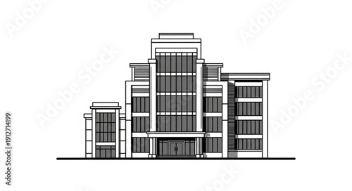 Modern Office Building Exterior Illustration Black and White Drawing.