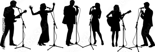 Silhouette of musical band and singers performing with microphones and guitars, group of artists on stage for concert or karaoke