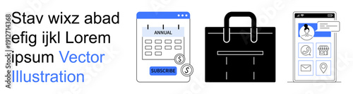 Subscriptions, online shopping, e-commerce, marketing, user experience, digital apps. Calendar subscription, shopping bag profile management screen. Subscriptions and online shopping concepts