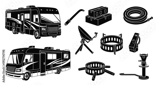 Camper Van and RV Travel Equipment Icons Vector