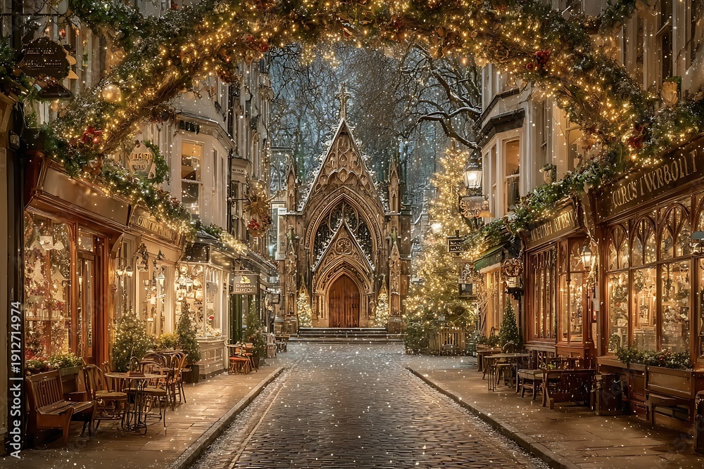 Obraz premium Christmas decorated street with church.