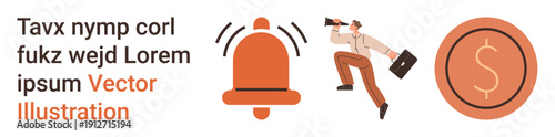 Business growth, opportunity seeking, financial planning, economic alerts, career advancement, market analysis. Businessman with briefcase and telescope, bell symbol currency icon. Business growth
