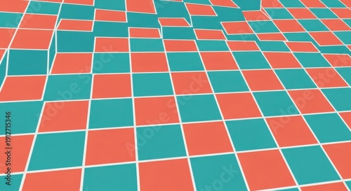 Vibrant 3D geometric pattern with coral and teal squares