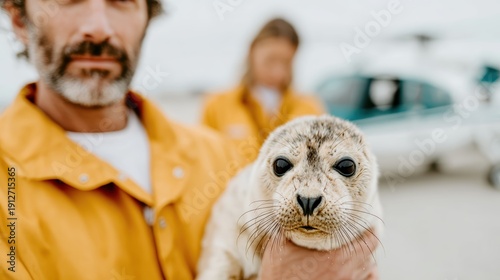 An intimate shot of a rescued seal being held by a caregiver, highlighting the tender relationship between animals and humans in wildlife rescue efforts.