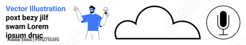 Innovation, cloud computing, brainstorming, communication, technology solutions, idea generation. Man holding light bulbs, cloud microphone icon. Innovation and cloud computing concept