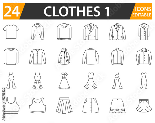 Modern Minimalist Clothing Icon Collection for Web and App UI. Editable Line Fashion Apparel Icons Pack Isolated on White. Trendy Wardrobe Outline Symbols Set for E-Commerce Design