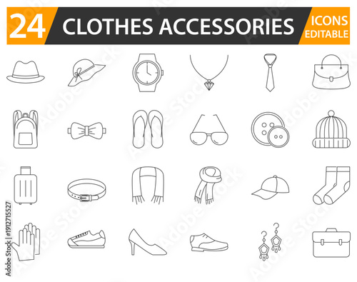 Clothing Accessories Icon Set Fashion Items, Bags, Hats, Jewelry Collection. 