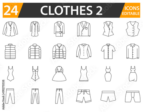 Modern Minimalist Clothing Icon Collection for Web and App UI. Editable Line Fashion Apparel Icons Pack Isolated on White. Trendy Wardrobe Outline Symbols Set for E-Commerce Design