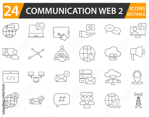 Modern Web Communication Icon Set, Chat, Email, Cloud Network Symbols. Digital Web Communication Icons Pack, Messaging, Connectivity Online Interaction. Web Communication Networking Icons, Clean Line 