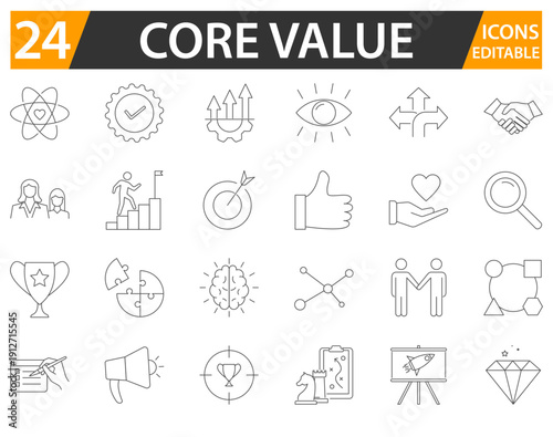 Modern Core Values Icon Set for Corporate Branding. Editable Line Business Values Icons Collection. Company Core Principles Outline Symbol Pack