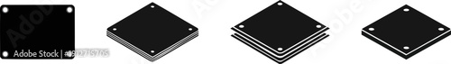 Four black square plates with small holes in the corners are shown, each progressively stacking more plates from left to right.