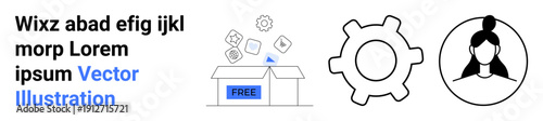 Free resources, innovation tools, user profiles, design, business solutions, digital concepts. Open box with floating shapes, gear icon and female avatar. Free resources and innovation tools concept