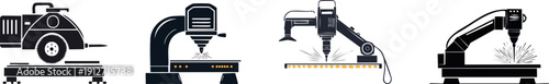 Four black and white icons of CNC machines performing cutting, engraving, and milling tasks on flat surfaces.