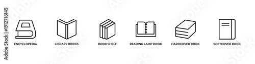 Book reading and library banner design with clean line icons featuring encyclopedia, library books, bookshelf, reading lamp book, hardcover book