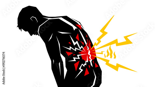 lower back pain a persons silhouette bent over in agony severe pain depicted with burning flames and electric shocks.