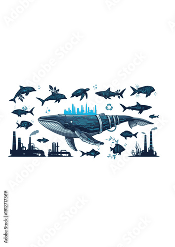 Cybernetic Whale and Marine Conservation Silhouette Industrial Sea Life Concept Vector Illustration