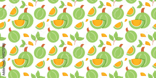 durian fruit seamless pattern flat design tropical background. exotic asian food illustration for unique packaging, textile, wallpaper, or cultural design. simple vector. pattern with white background