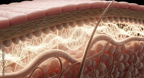 Medical 3d illustration of glowing collagen and elastin fibers in deep skin tissue layers