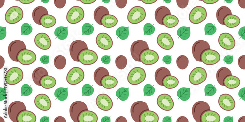 kiwi fruit green seamless pattern flat design background. fresh healthy food illustration for packaging, wallpaper, textile print, and web design. simple vector. pattern with white background 