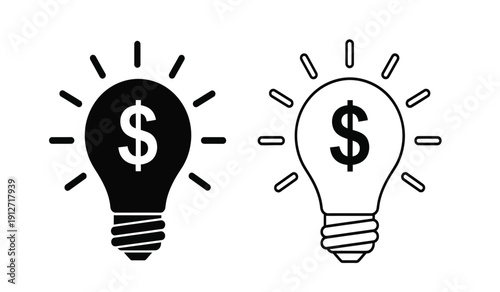 Two light bulbs with dollar signs inside, one filled and one outlined, representing financial ideas and innovation