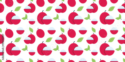 lychee fruit seamless pattern flat design exotic background. fresh tropical produce illustration for unique packaging, textile, wallpaper, or web design. simple vector. pattern with white background 
