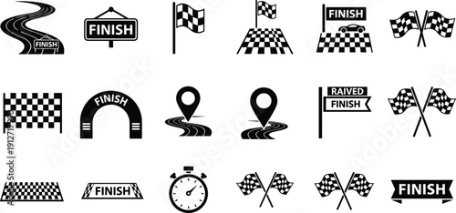 Finish line racing icons set including checkered flags stopwatch marathon archway competitive speed track sign destination path and championship victory symbols